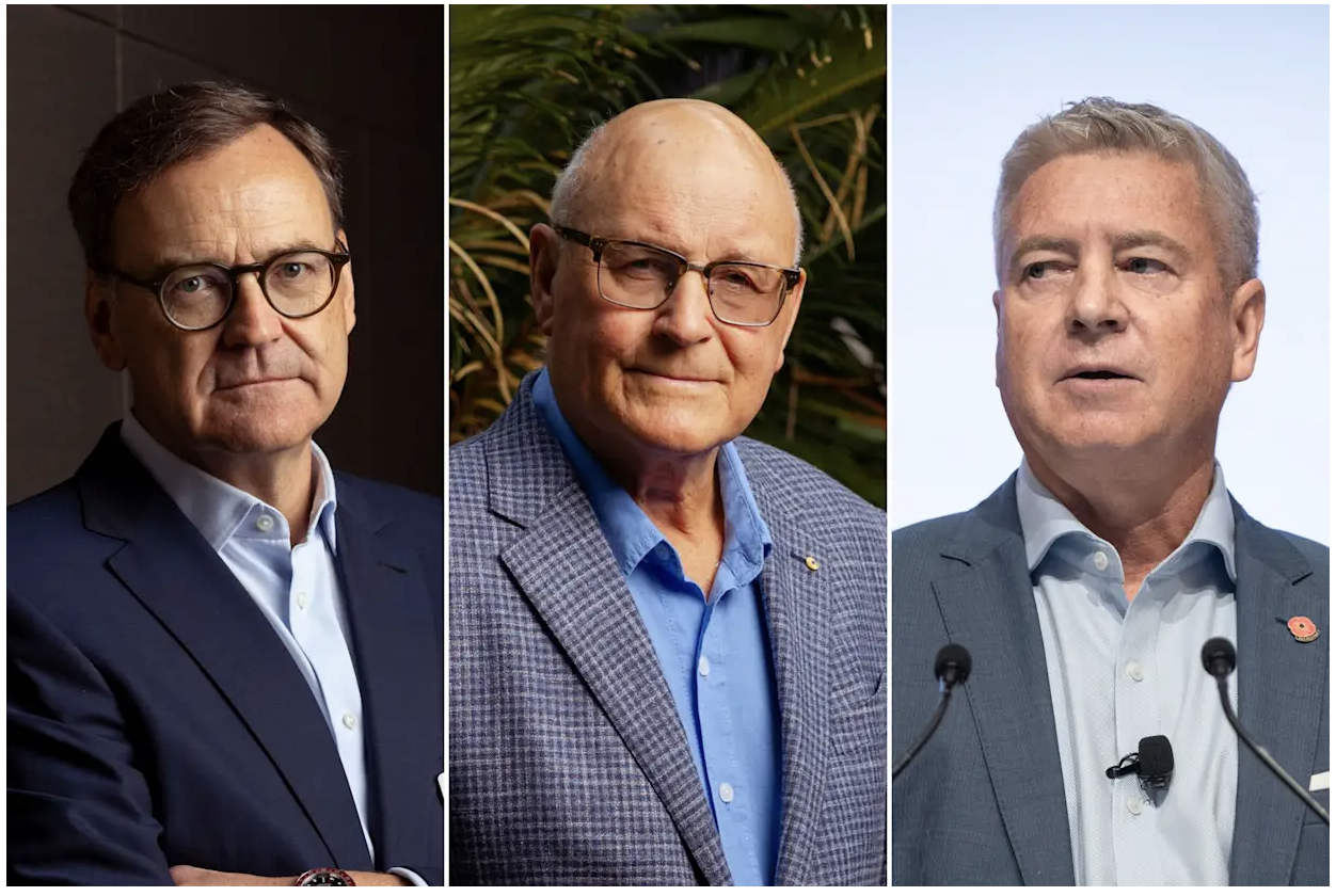 Woolworths chairman Scott Perkins, Geoff Cousins and Coles chairman Peter Allen. Dominic Lorrimer, Eamon Gallagher (Source: AFR)
